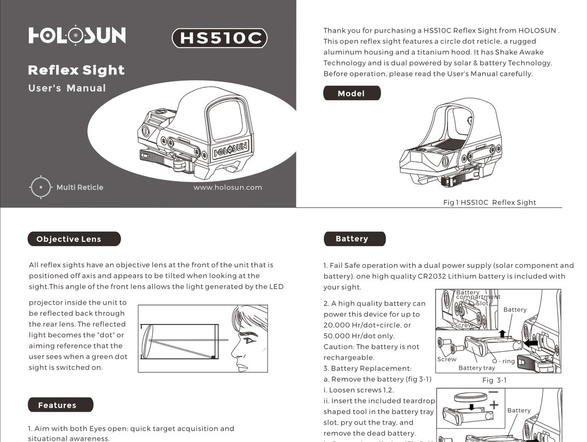 Официальная инструкция Holosun HS510C — обложка и первая страница с описанием объектива и батареи